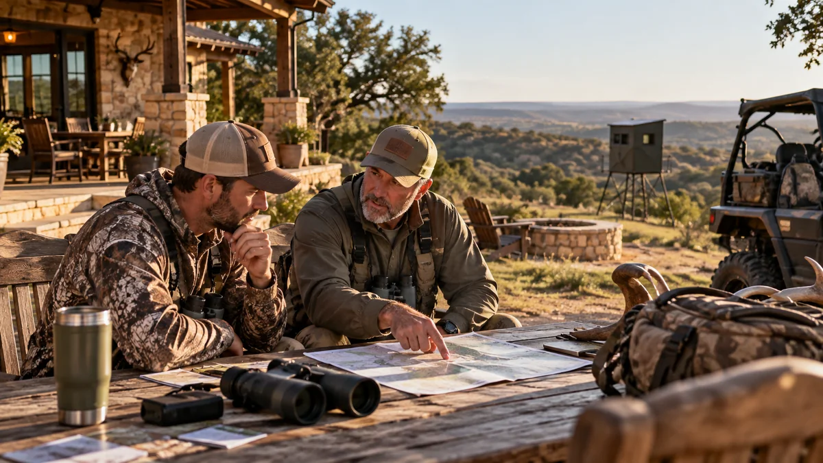 Hunters reviewing a ranch map and all-inclusive hunt plans outside a North Texas lodge